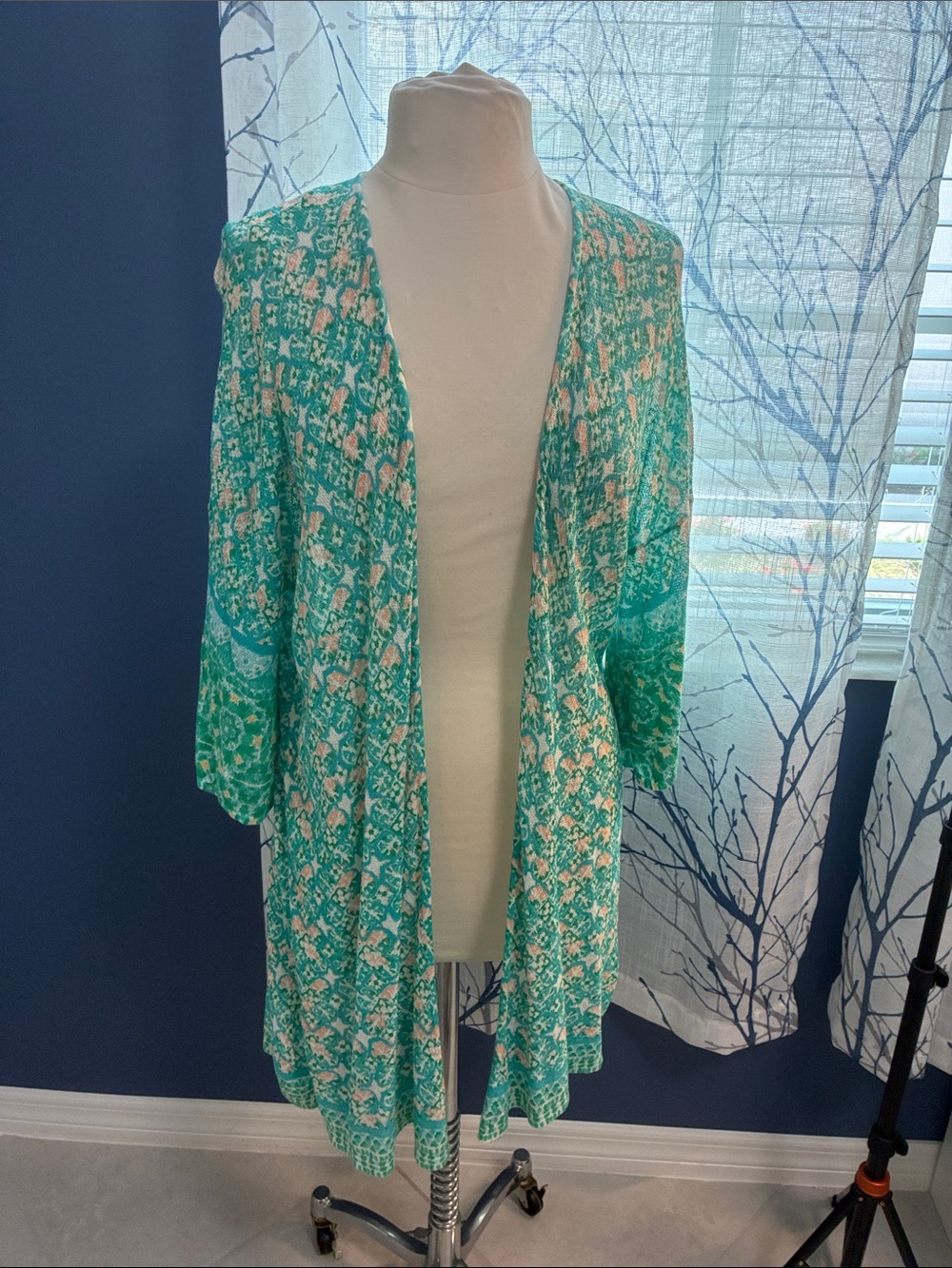 Chico’s Women's Teal Floral Open Front Kimono Cardigan
